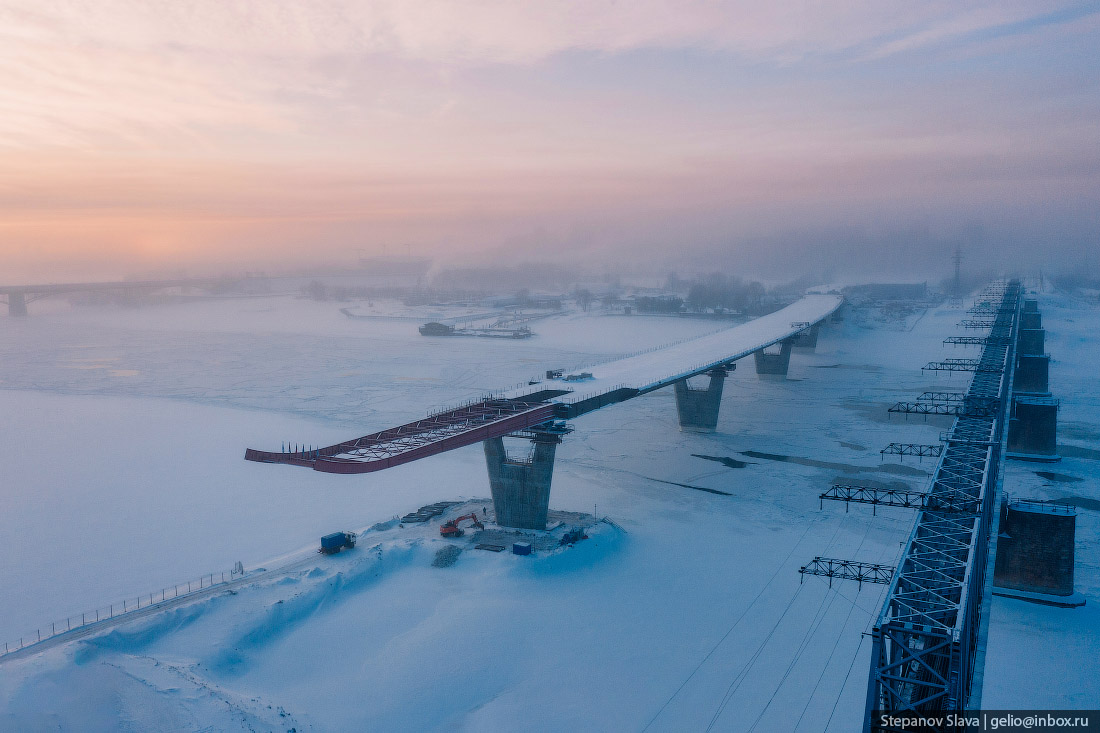 Строительство четвёртого моста через Обь в Новосибирске. Январь 2022 